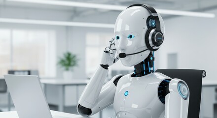 AI Customer Service Robot at Work - Futuristic robot providing customer support, symbolizes technological advancement, automation, efficiency, and innovation in customer service.