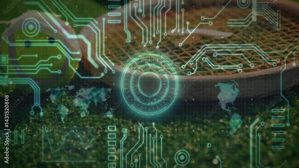 Poster Tennis ball nesting in racket strings while circuits projecting hologram data charts on grass court