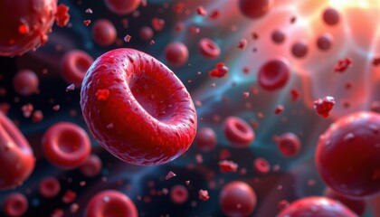 A detailed visualization of a red blood cell transporting oxygen, surrounded by vibrant plasma.