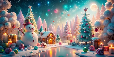 Cute Snowman in a Surreal Winter Wonderland - Festive Holiday Stock Photo