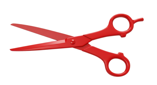 Glossy red scissors, open, facing the left, against black backdrop for crisp clarity, precision