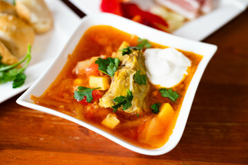 Ukrainian borscht sour cream Borscht soup in bowl