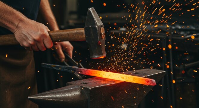 Blacksmith Forging Metal on Anvil - A blacksmith uses a hammer to shape glowing hot metal on an anvil, sparks flying. High-quality