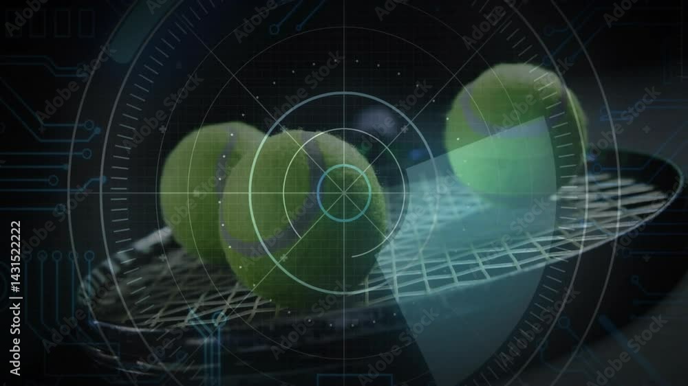 Poster three green tennis balls being highlighted by hud overlays on racket strings in dark 3d render
