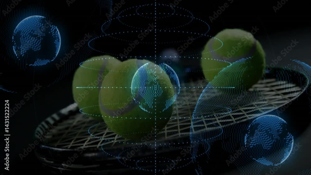 Poster four tennis balls resting on racket strings glowing with blue holographic globes and data patterns