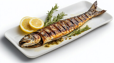 fried fish with vegetable on white dish top view, Delicious Asian fish fry served on a wooden table.