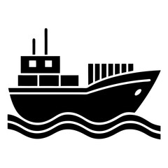 Obraz premium Cargo Ship Silhouette Icon. Container Vessel Symbol on Sea Wave