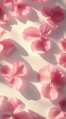 Fototapeta premium Light catches soft pink petals floating gently, creating a delicate floral effect with a dreamy, romantic atmosphere and subtle shadows that dance beautifully.