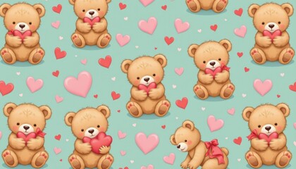 Obraz premium A pattern of adorable bears hugging hearts in a soft pastel color palette.
