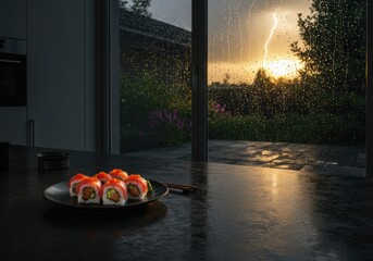 Salmon Rolls by Rain-Streaked Window During Lightning
