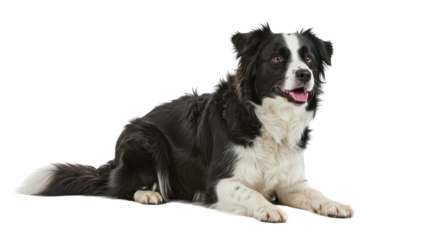 A lovely black and white dog with a friendly face lies down, looking relaxed on the plain background