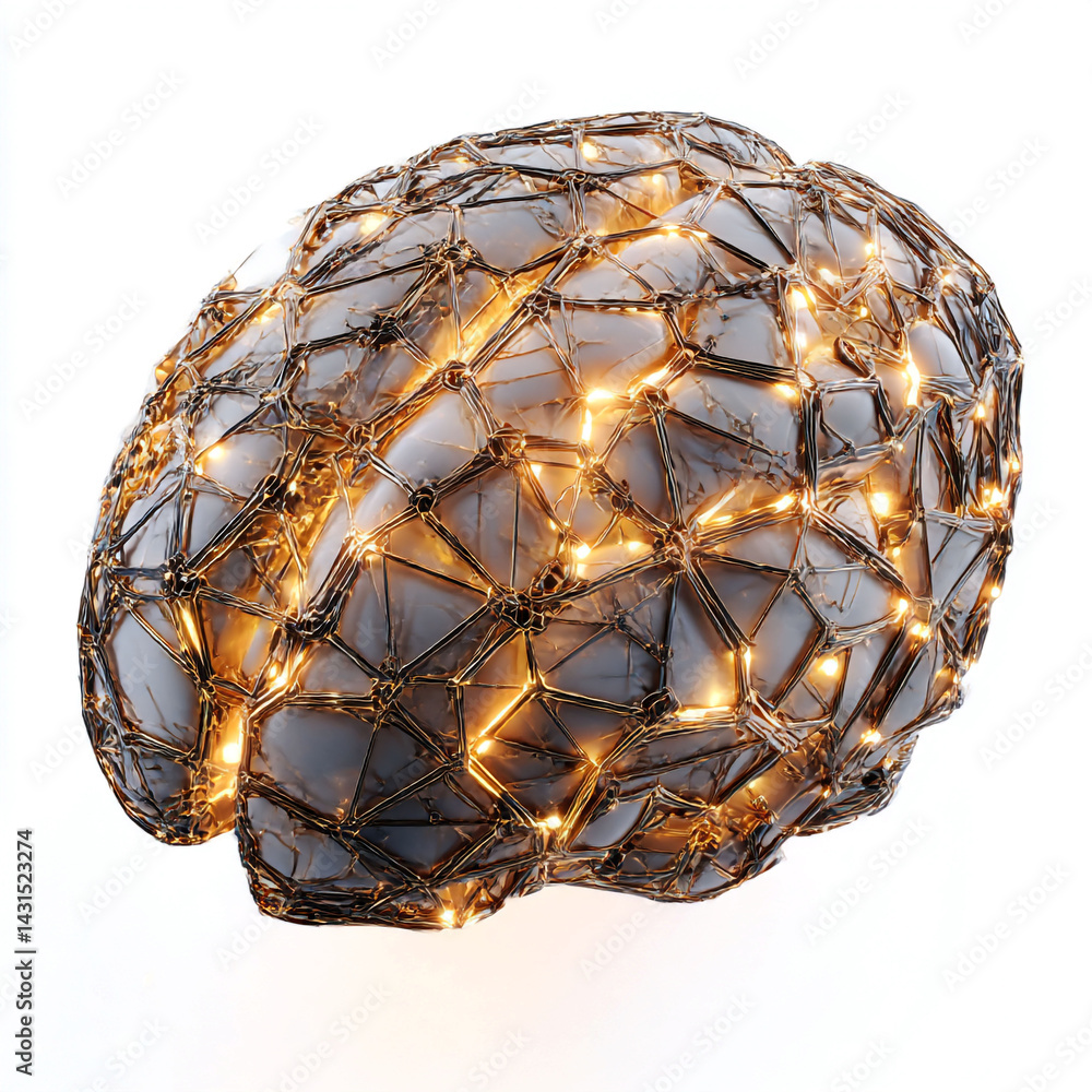 Aufkleber abstract metallic brain structure with glowing connections illuminated network