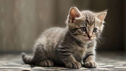 Cute Tabby Kitten Sitting on Pebbled Floor Looking Down