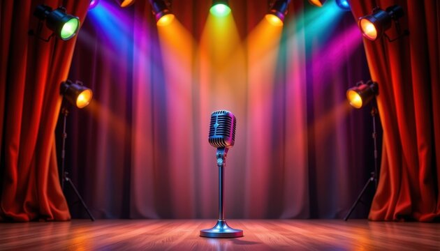 A hidden talent show with a whimsical backdrop, featuring colorful spotlights and a vintage microphone at center stage.