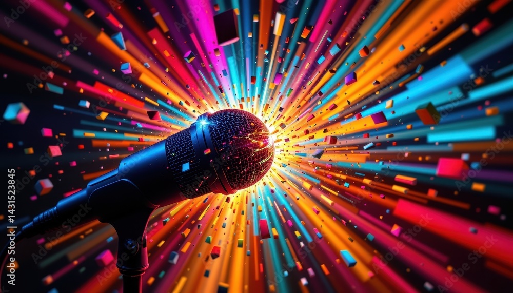 Aufkleber a dynamic microphone lit by an explosion of color, with fragments of sound waves bursting forth in a