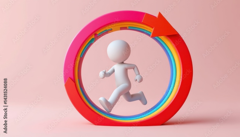 Poster a playful 3d character jogging inside a circular loop made of vibrant arrows, symbolizing progress a