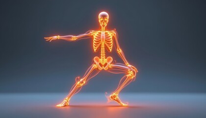 Obraz premium A glowing human skeleton performing yoga, with flowing lines representing breathing and body alignment.