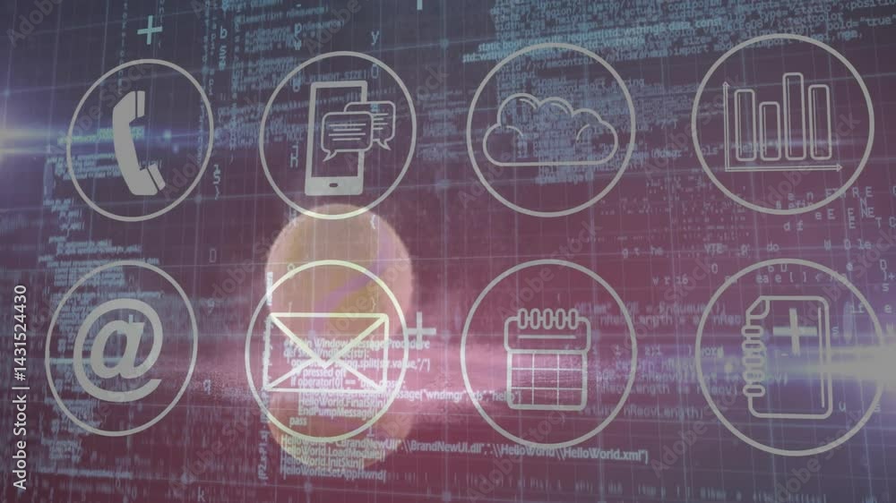 Aufkleber eight circular tech icons being arranged in grid over purple code background with lens flares