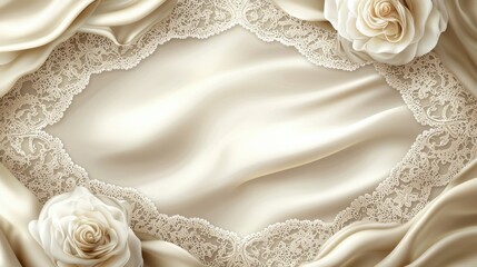 Elegant ivory silk background with intricate lace border and delicate white rose accents creating a luxurious and refined vintage-inspired aesthetic for design.