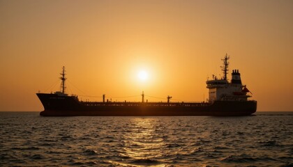 Obraz premium A cargo ship silhouetted against a vibrant sunset, reflecting on the calm waters, creating a serene maritime scene.