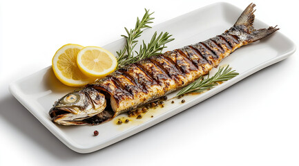 fried fish with vegetable on white dish top view, Delicious Asian fish fry served on a wooden table.
