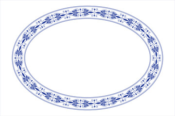 Blue oval plate with floral design. Oval floral european pattern frame arabesque. Vintage, ethnic frame with greek pattern. Pattern frame for oval surface, textile, embroidery, ceramic, porcelain
