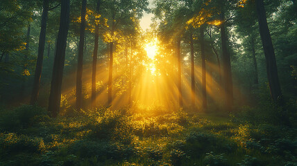 Naklejka premium Forest View with Golden Sunlight Rays Shining Through the Trees and Green Foliage
