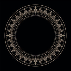 Vector round golden black pattern with arabesques, floral elements. Greek meander. Patterns of Greece and ancient Rome. Circle european border. Typical egyptian, assyrian, greek motive. For textile