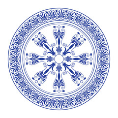 Beautiful blue round frame arabesque. Monochrome plate with large element in the center. Vintage, European vector frame with arabesques. Pattern frame for textile, embroidery, porcelain, ceramic  
EPS