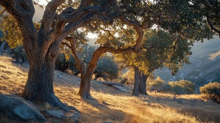 Fototapeta premium Golden hour sunlight illuminates ancient oak trees on a hillside.