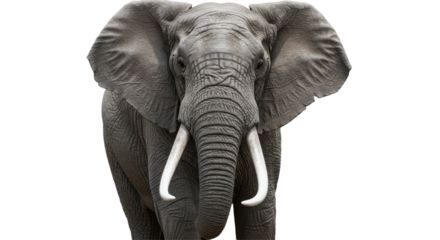 Large elephant with ivory tusks facing forward, ears extended, against a pure black background