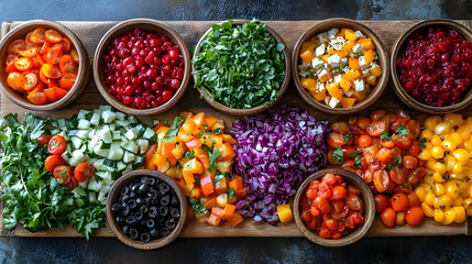 Colorful Chopped Vegetable Salad Ingredients on Rustic Wooden Board
