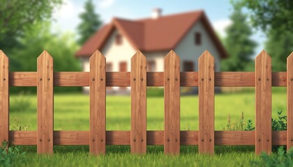 Fototapeta premium A charming wooden fence in front of a beautiful house, suggesting security and privacy, against a lush green background