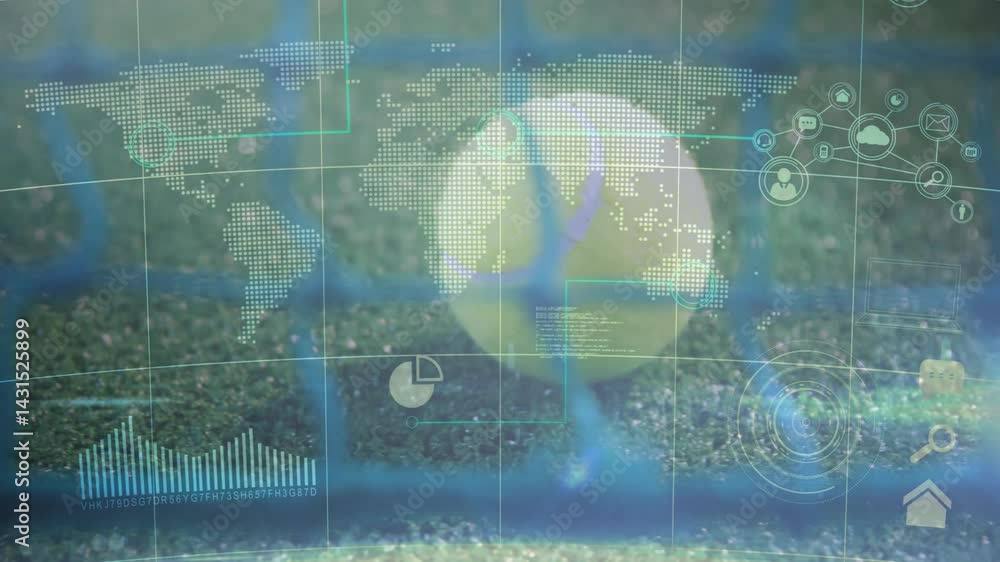 Poster yellow ball resting on green turf behind blue net mesh while digital data overlays floating above