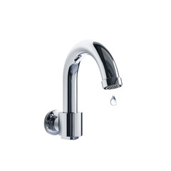 Polished chrome faucet with a single water droplet against a stark, plain setting