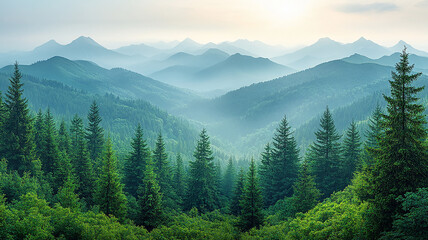 Fototapeta premium Misty Mountain Range Layers with Evergreen Fir Trees Scenery in Morning Light