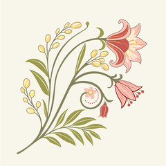 Vector illustration of an elegant floral design. The composition includes a single branch with blooming flowers like lilies like or tulips like, adorned by small leaves and buds or berries.
