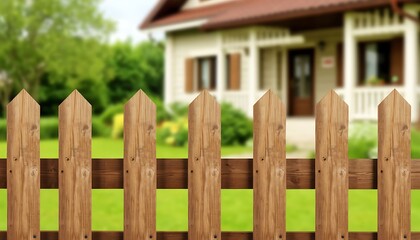 Wooden fence, home and nature in background. A wooden fence in front of a house with a green lawn