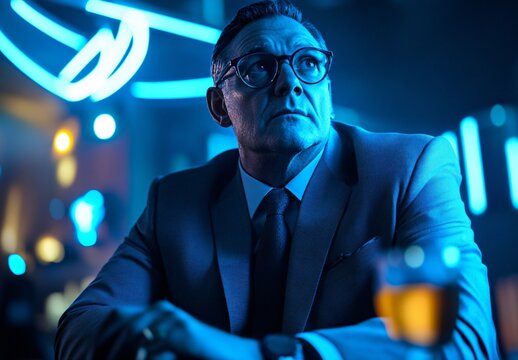 Evening reflection of a businessman in a neon bar urban setting portrait photography intimate atmosphere close-up view contemplation