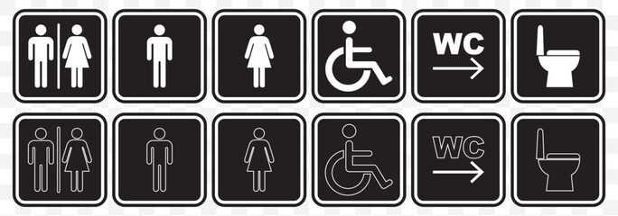 WC sign set icons. Linear and silhouette style. Vector icons on Transparent Background. EPS 10.