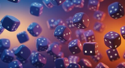 Falling Dice Game Chance - Many blue dice falling on a gradient orange and blue background.  Concept image for chance, luck, gambling, and risk.
