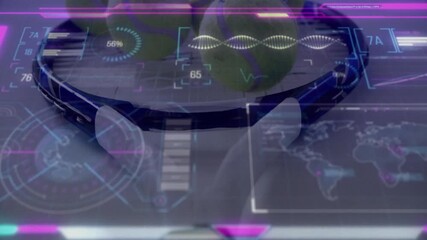 Close-up showing blue tennis racket frame and ball projecting hologram gauge, charts and world map - Powered by Adobe