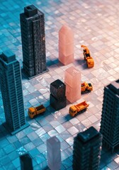 Toy Trucks Among Crystal Blocks on Iridescent Tiles