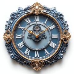 Elegant vintage wall clock with ornate details and Roman numerals on a blue background.