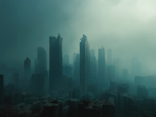 Obraz premium Post-apocalyptic cityscape with decayed skyscrapers and moody atmosphere