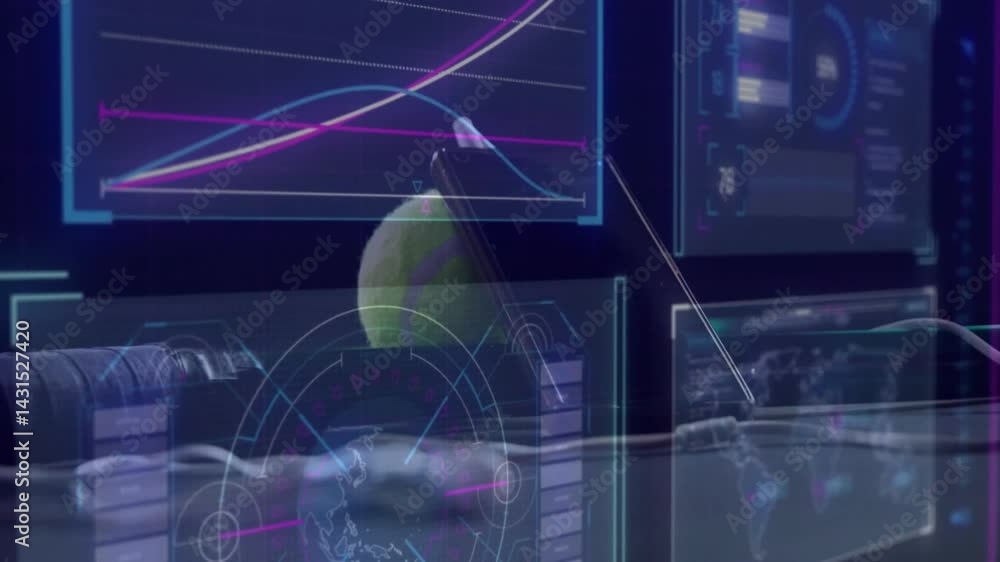 Poster tennis ball floating with smartphone displaying holographic interface overlays on dark ui in 3d