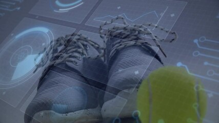 Flat design presenting top-down view of resting feet in sneakers with tennis ball and HUD overlays - Powered by Adobe
