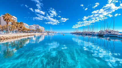 Obraz premium A tranquil marina scene shows sailing boats near a waterfront