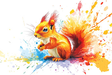 Obraz premium Colorful illustration of a squirrel amidst vibrant splashes of paint, showcasing wildlife art