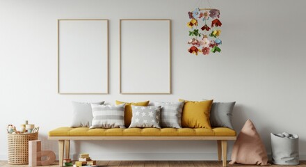Interior scene with two blank frames a bench pillows and wall decor.
